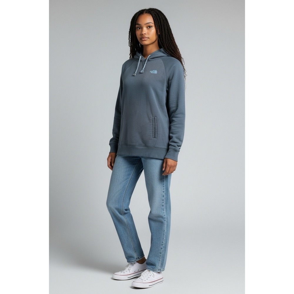 The North Face Womens L Blue Fleece Logo Pullover Hoodie Pockets Cotton Blend